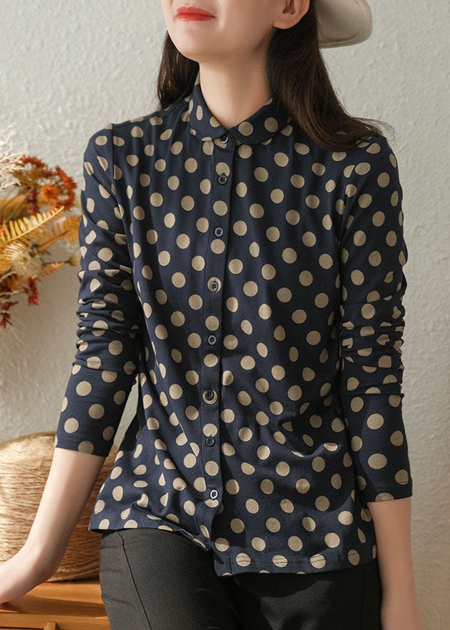 Navy Peter Pan Collar Dot Print Cotton Shirt Tops Fall