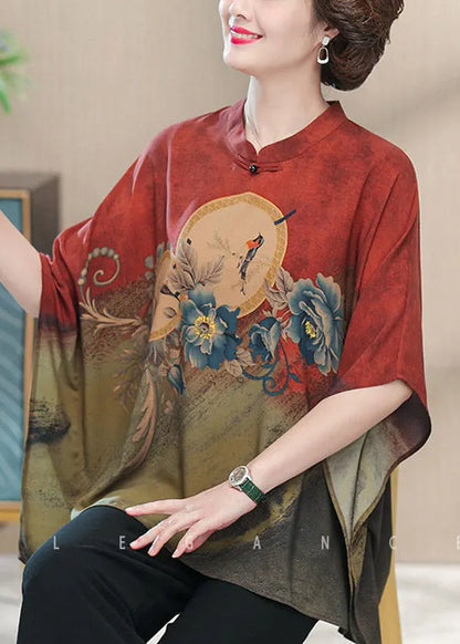 Red O-neck Print Side Open Silk Top Half Sleeve