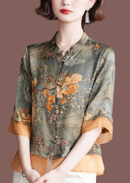 Green Stand Collar Tulle Patchwork Print Silk Shirt Tops Half Sleeve