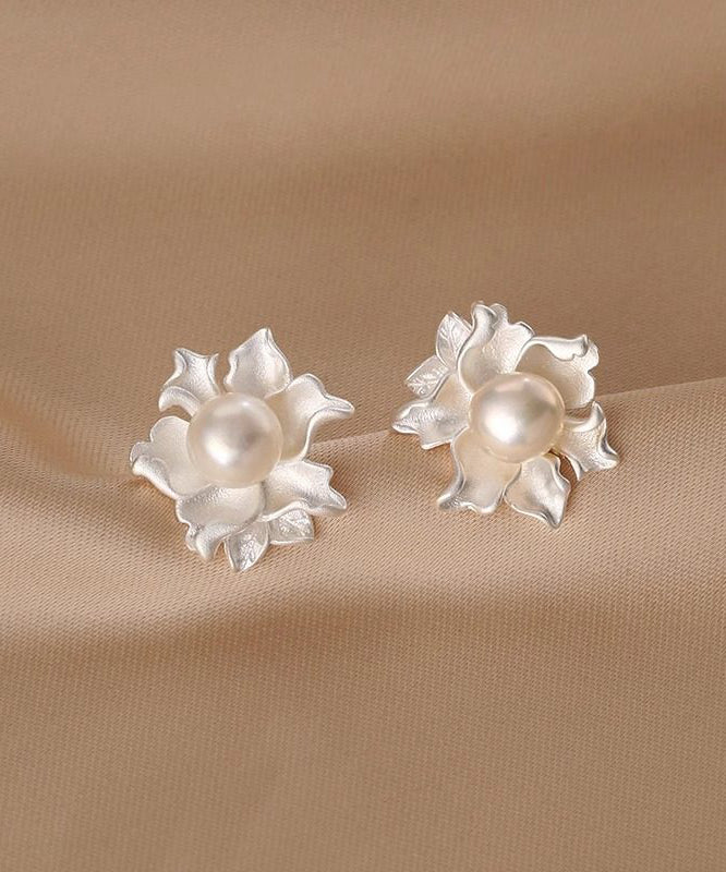 Classy White Sterling Silver Pearl Dripping Glaze Stud Earrings