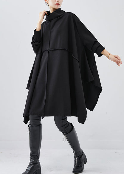 Black Turtle Neck Asymmetrical Exra Large Hem Cotton Dress Spring