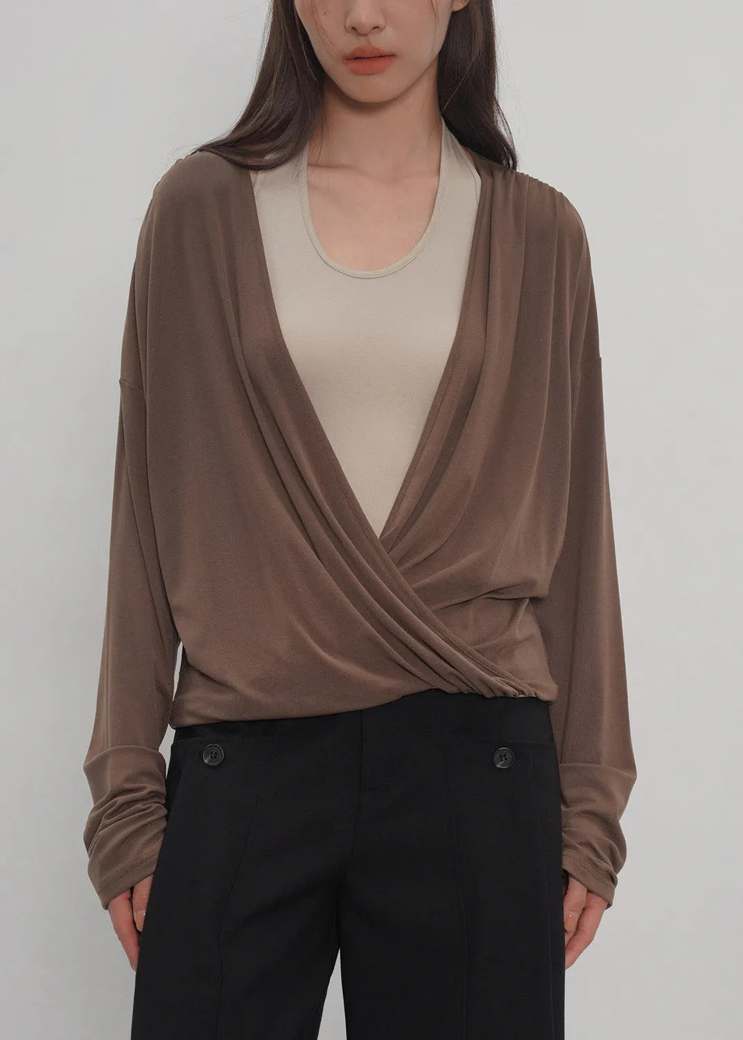 New Grey Fake Two-piece Spliced Neck Hanging Long Sleeved T-shirt Top