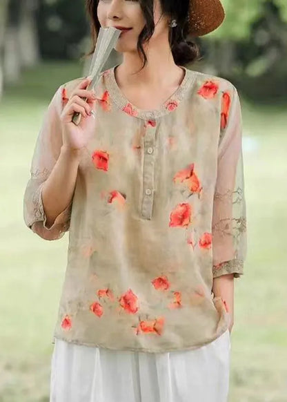Orange Embroideried Print Linen Shirt Top Summer