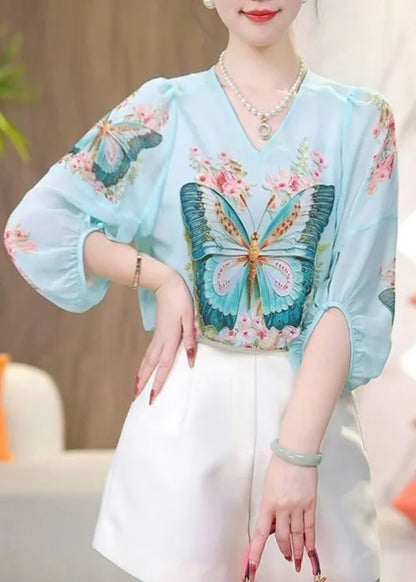 Loose Blue V Neck Print Chiffon Shirt Bracelet Sleeve