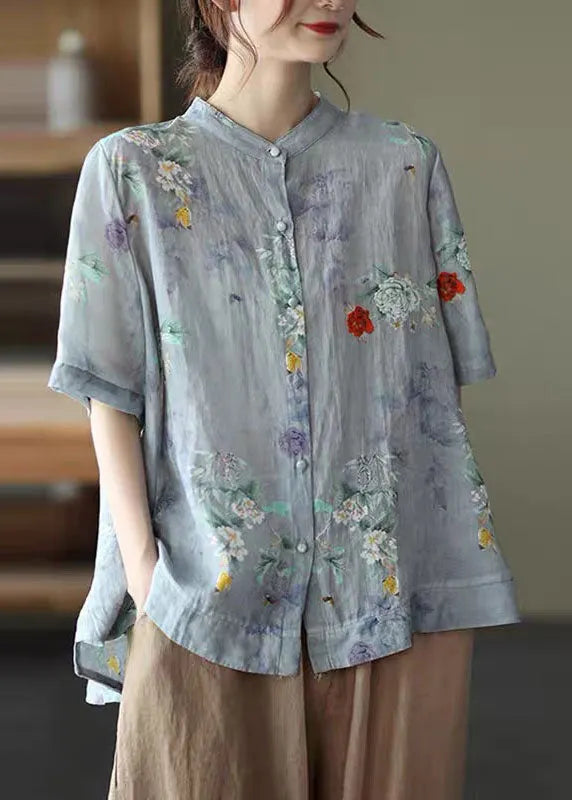 Blue Stand Collar Print Tops Half Sleeve