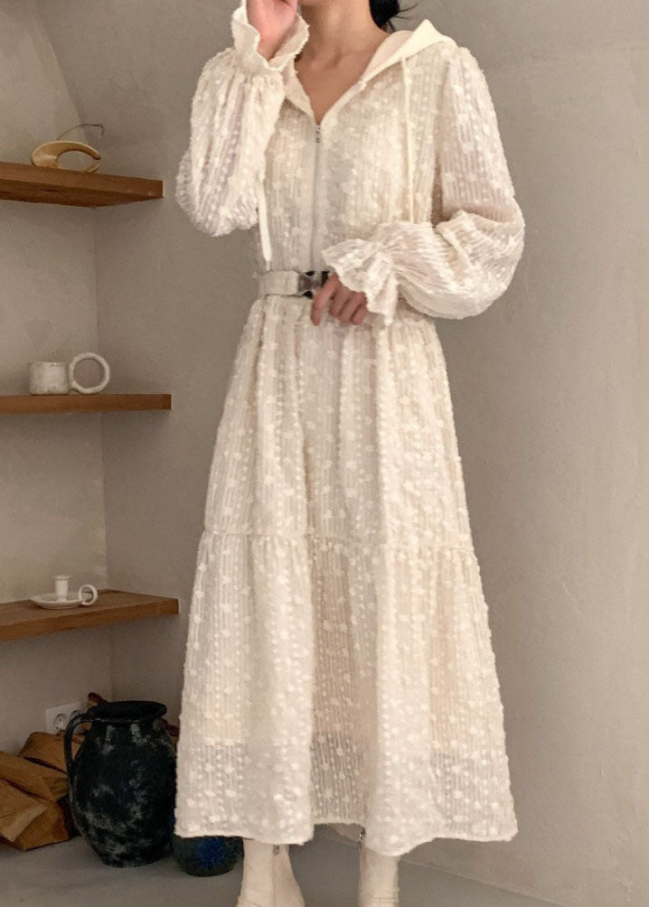 Apricot Hooded Zippered Patchwork Lace Dress Spring