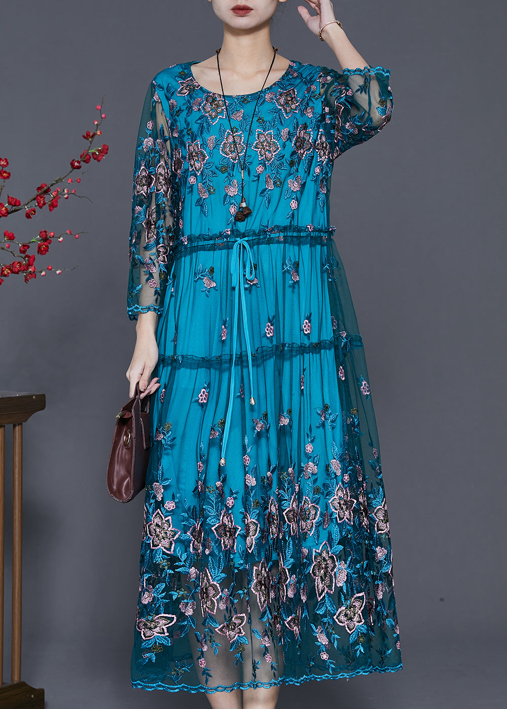 Blue Embroidered Tulle Cinched Dresses Summer