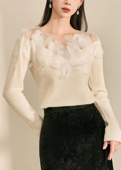 Style White O-neck Feather Patchwork Shirt Fall