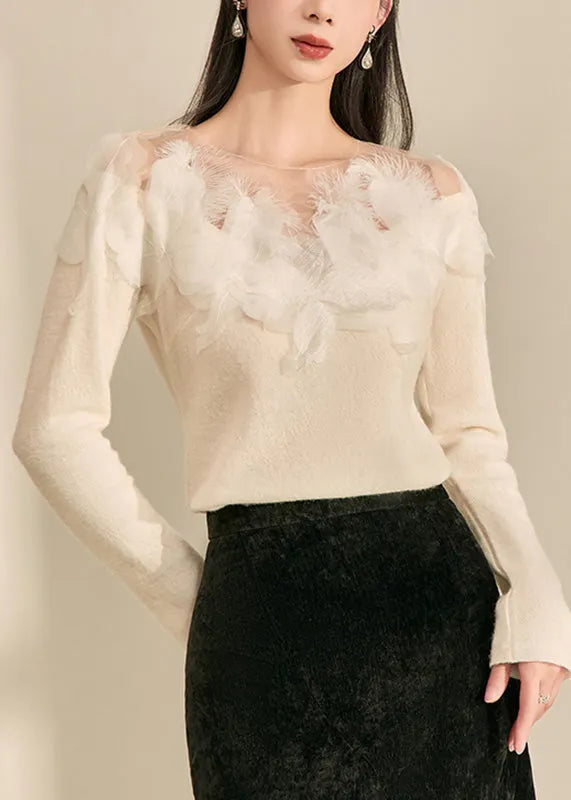 Style White O-neck Feather Patchwork Shirt Fall