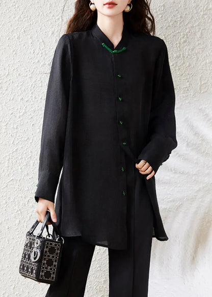 Loose Black Button Side Open Chiffon Blouse Fall