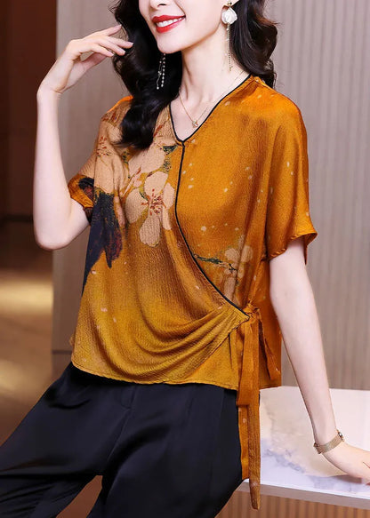Orange V Neck Asymmetrical Design Tie Waist Print Silk Tops Summer