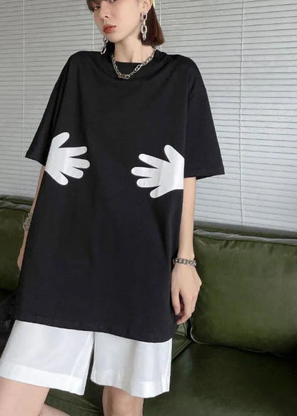 Black O Neck Hug Pattern Cotton Tee