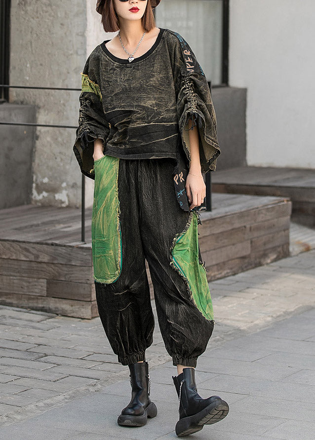 Modern Black O-neck Asymmetrical Design Patchwork Denim Tops and Harem Pants Two Piece Set Spring