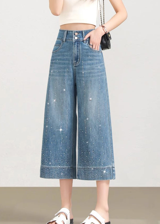 Blue Pockets Zircon Denim Crop Pants Summer