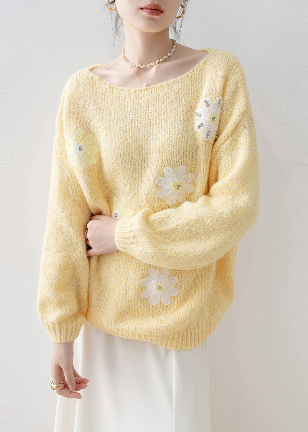 Fine Yellow Oversized Rhinestone Knit Sweaters Winter