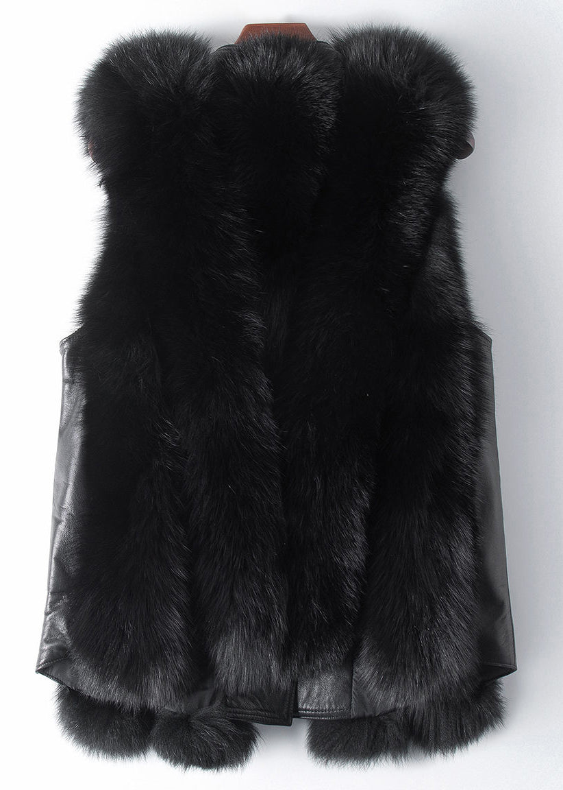New Black Button Patchwork Leather and Fur Waistcoat Sleeveless