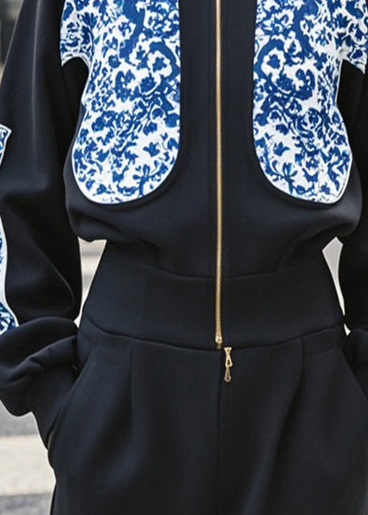 Stylish Black Stand Collar Print Cotton Sweatshirt Jacket Spring