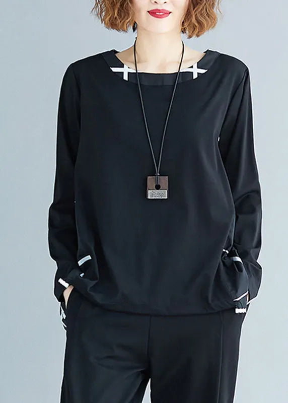 Stylish Black O-neck Drawstring Patchwork Plaid Cotton Loose Sweatshirts Top Spring