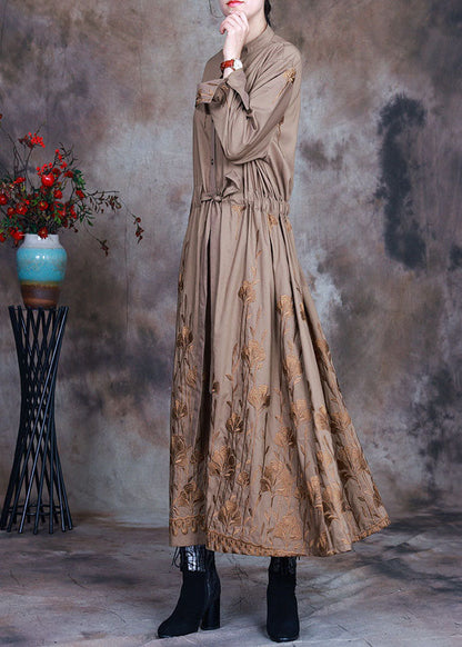 Art Khaki Embroideried Drawstring Spring Trench Coats
