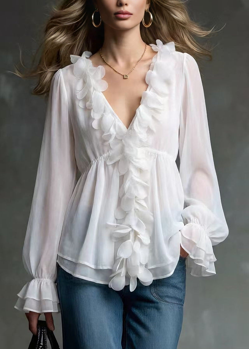 White V Neck Petal Chiffon Shirts Spring