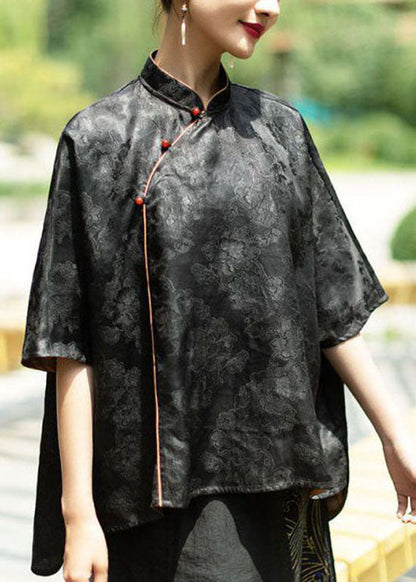 Black Stand Collar Low High Design Jacquard Silk Tops Batwing Sleeve