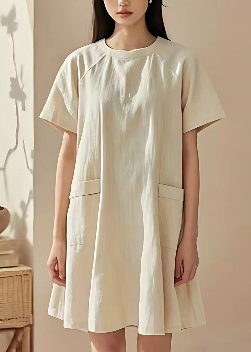 Beige O Neck Pockets Cotton Mid Dresses Summer