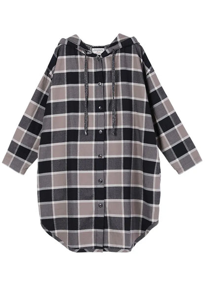 Handmade Khaki Plaid Hooded Drawstring Button Fall Shirt Top