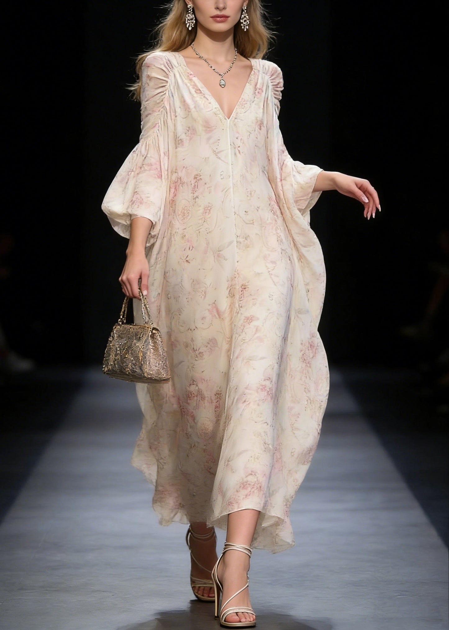 Original Design V Neck Print Wrinkled Chiffon Long Dress Spring
