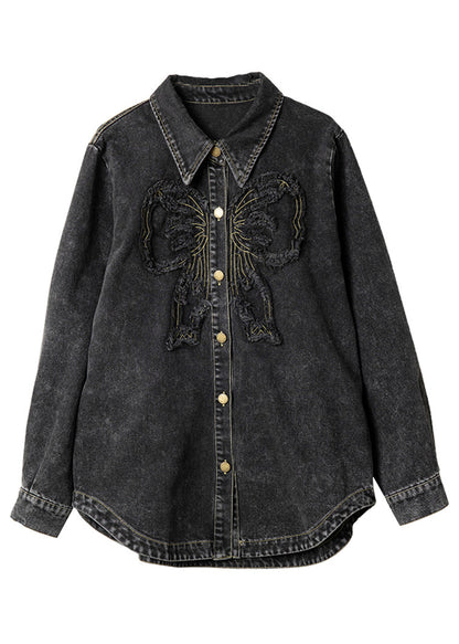 Black Peter Pan Collar Patchwork Button Denim Coats Spring