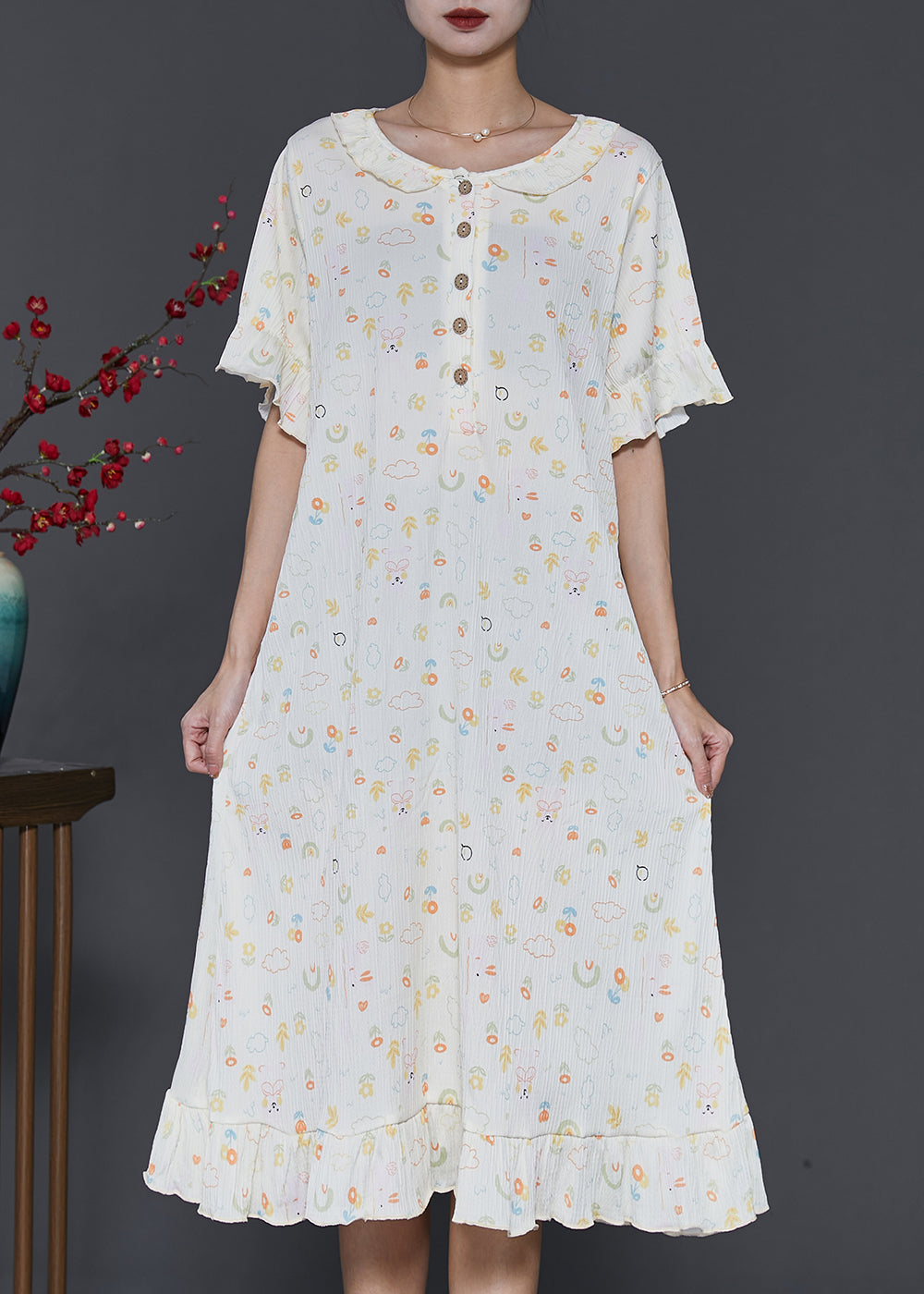 Apricot O-neck Print Cotton Robe Dresses Summer