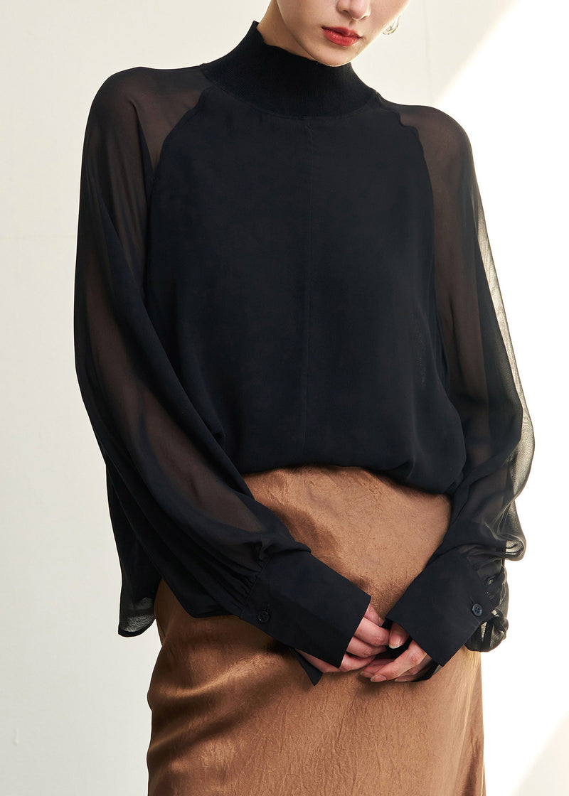 Loose Black Turtleneck Thin Silk Shirt Fall