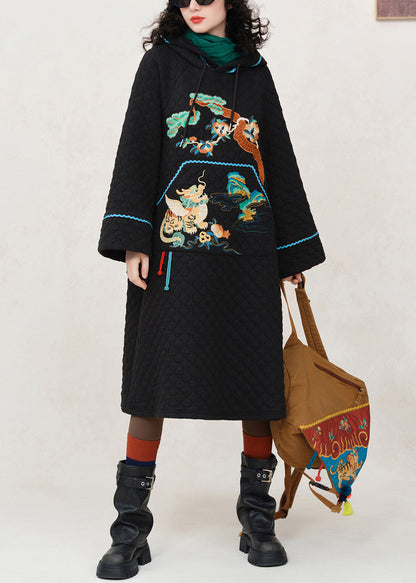 Loose Black Hooded Embroidered Pockets Cotton Filled Dress Spring