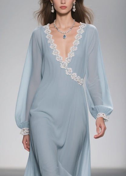 Blue Lace Chiffon Long Dress Spring