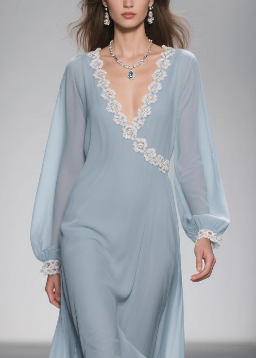 Blue Lace Chiffon Long Dress Spring