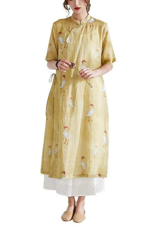 Yellow Side Open Print Summer Ramie Long Shirts