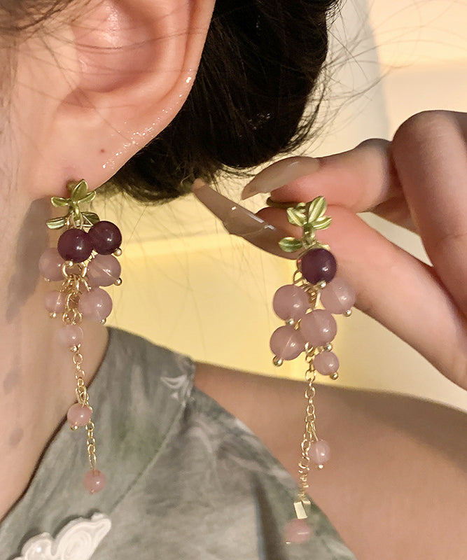 Diy Gold Sterling Silver Overgild Crystal Grape Tassel Drop Earrings