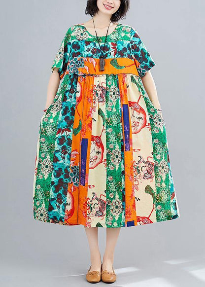 Green Print Dresses O Neck Patchwork Maxi Spring Dress