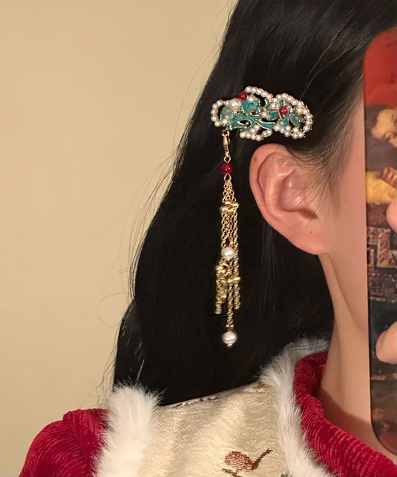 Classy Colorblock Copper Pearl Cloisonne Tassel a Pair Hairpin