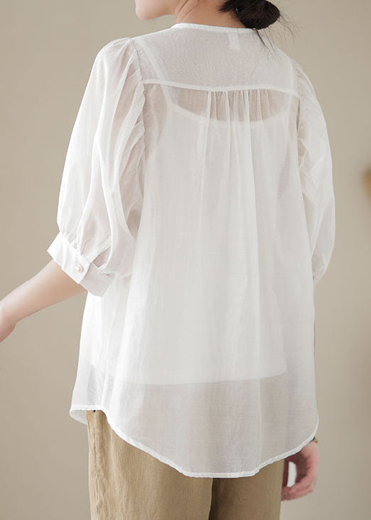 White Patchwork Cotton Top Embroideried O-neck Wrinkled Summer