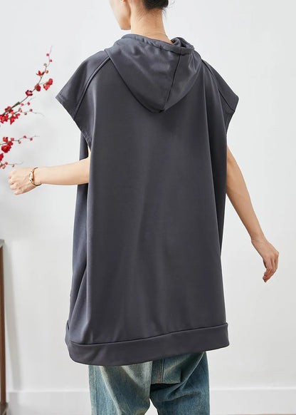 Grey Hooded Pockets Cotton Sweatshirts Tops Summer