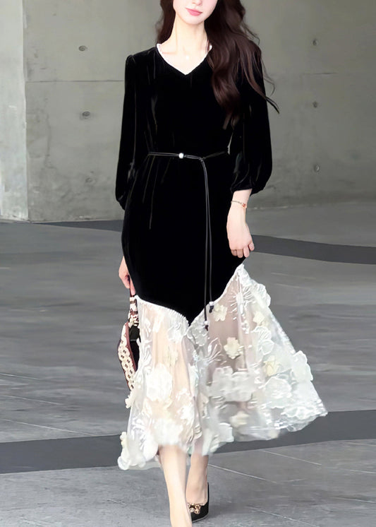 New Black O Neck Tulle Patchwork Velvet Long Dresses Fall