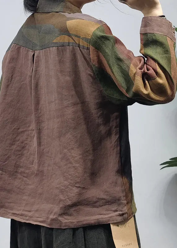 Green Wrinkled Patchwork Linen Shirt Tops Long Sleeve