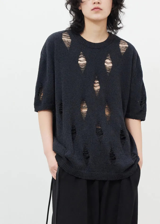 Black Hollow Out Hole Ice Silk Knit Top Half Sleeve