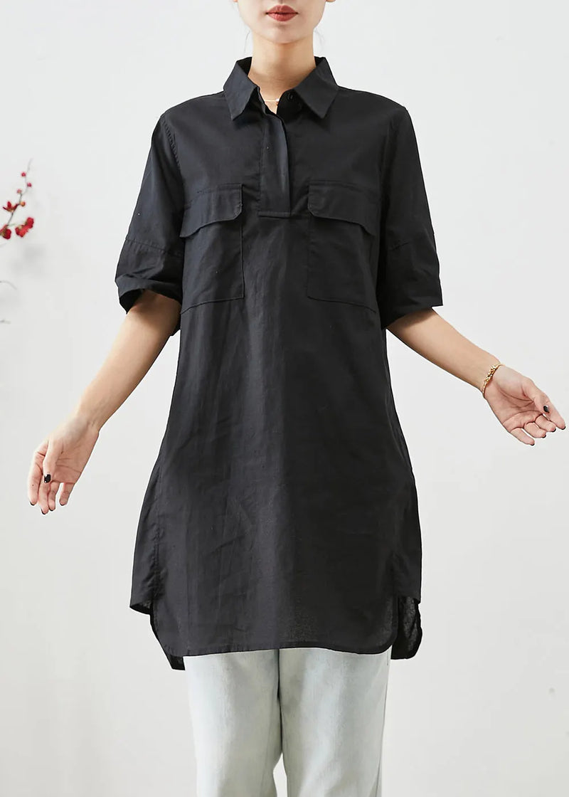 Black Peter Pan Collar Pockets Cotton Shirt Top Short Sleeve