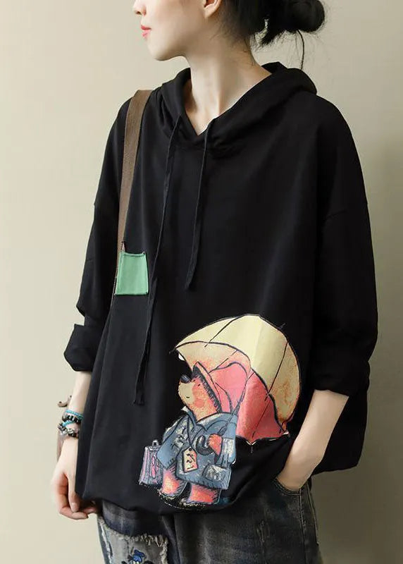 Black Hooded Cotton Sweatshirt Street Wear Spring