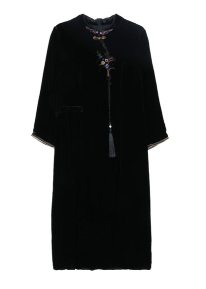 Classy Black Stand Collar Embroideried Silk Velour Maxi Dress Fall