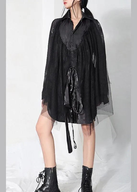 Stylish Black Patchwork Tulle Tie Waist Asymmetrical Design Summer Top