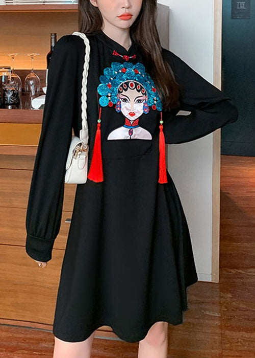 Black Tasseled Print Patchwork Cotton Dress Fall