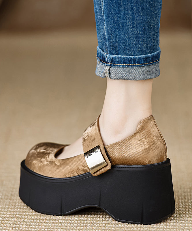 Chinese Style Brown Buckle Strap Satin High Wedge Heels