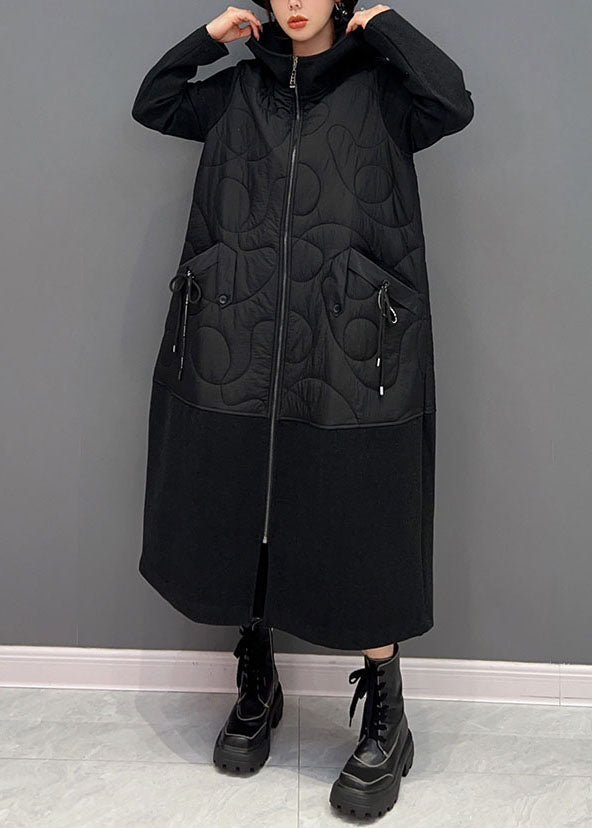 Black Hooded Pockets Patchwork Fine Cotton Filled Witner Coats